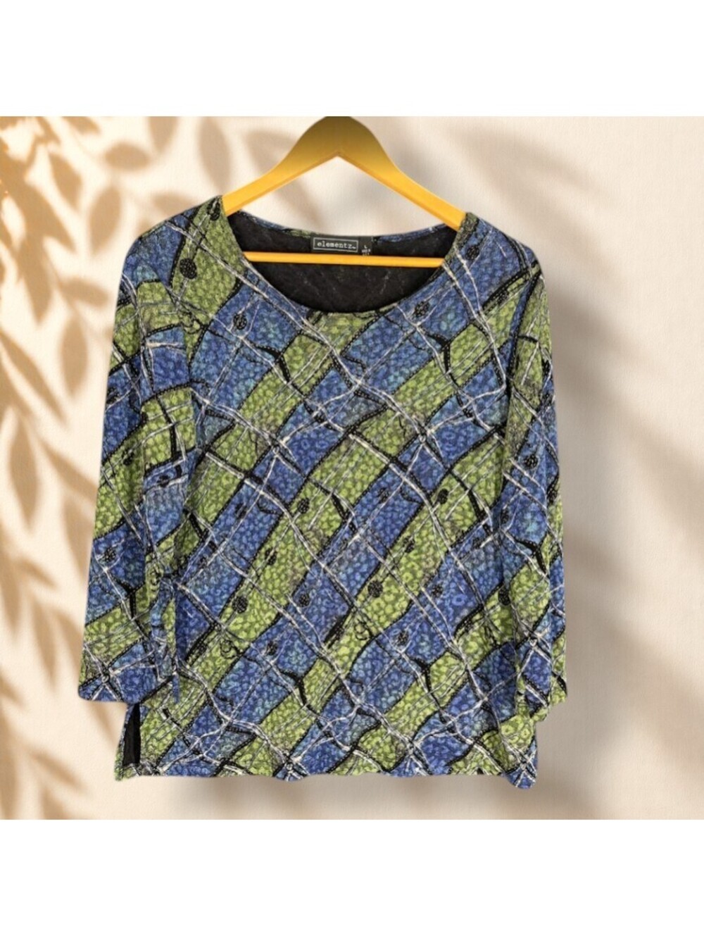 Elementz Top Women L Large Blue Striped 3/4 Sleeve Round Neck Rayon Casual